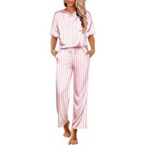 Ekouaer Womens Silk Pajamas Set Print Satin PJs Set Two Piece Pj Sets Sleepwear Loungewear Short Sleeve Lounge Set(Pink Stripe-wide Stripes)