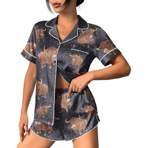 Ekouaer Womens Silk Satin Pajama Set Print Short Sleeve Sleepwear Button Down Pjs Shorts Set Loungewear(Grey Cow)