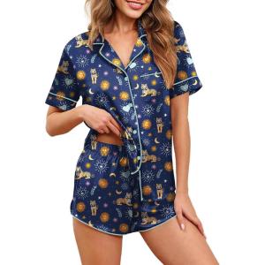 Ekouaer Womens Silk Satin Pajamas Set Short Sleeve Sleepwear Button Down Loungewear 2 Piece Pjs Shorts Set S-5X Plus Size(Tiger/Moon/Star Navy Print)