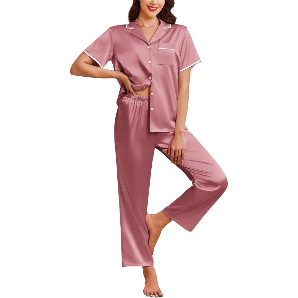 imageEkouaer Womens Silk Satin Pajama Sets 2 Piece Button Up Bride Pjs Soft Short Sleeve Sleepwear Long Pants Loungewear SXXLDusty Rose