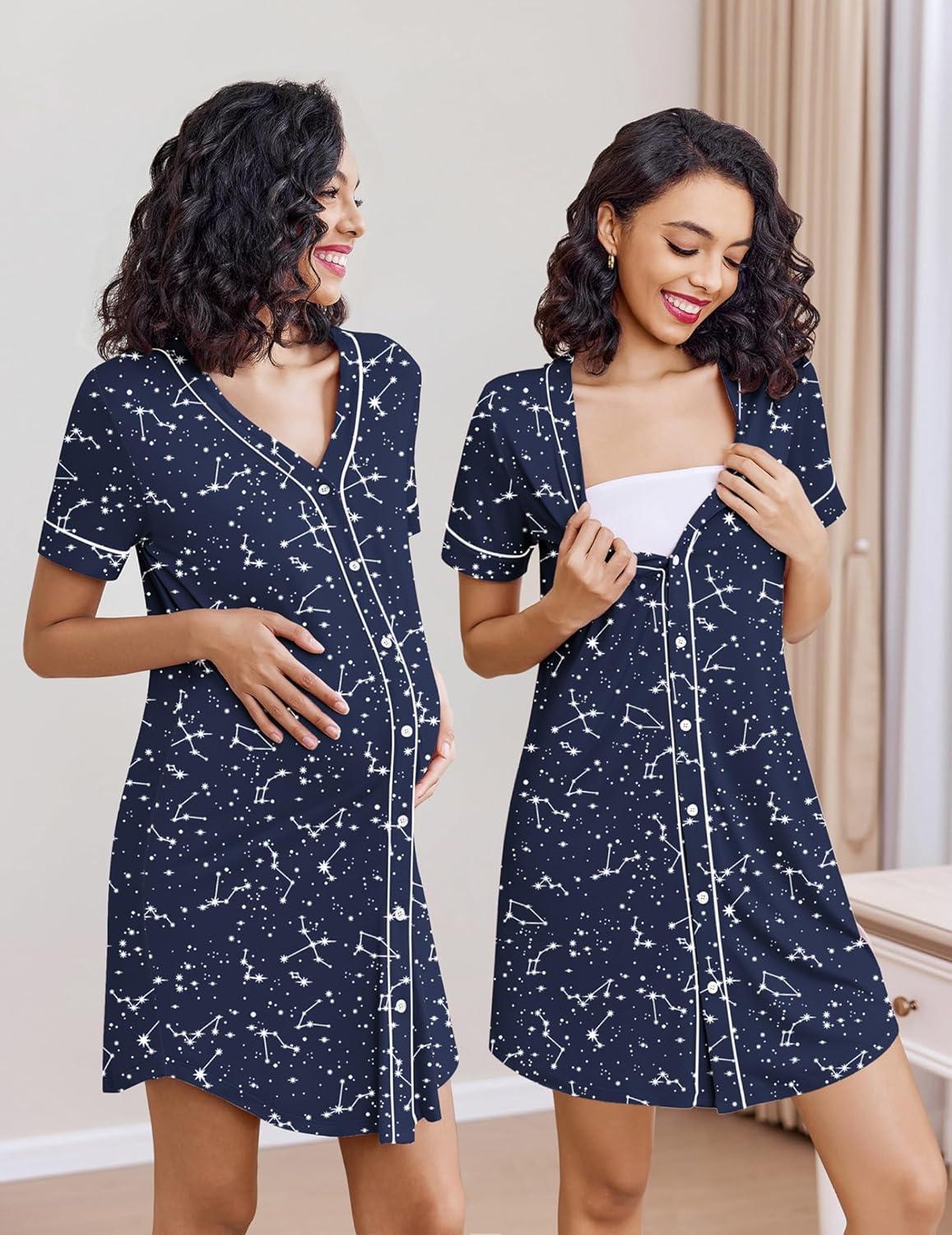 imageEkouaer Nightgowns for Women 2 Pack Button Down Sleep Shirts Short Sleeve Night Shirts V Neck Sleepwear Soft Pajama DressBlackConstellation