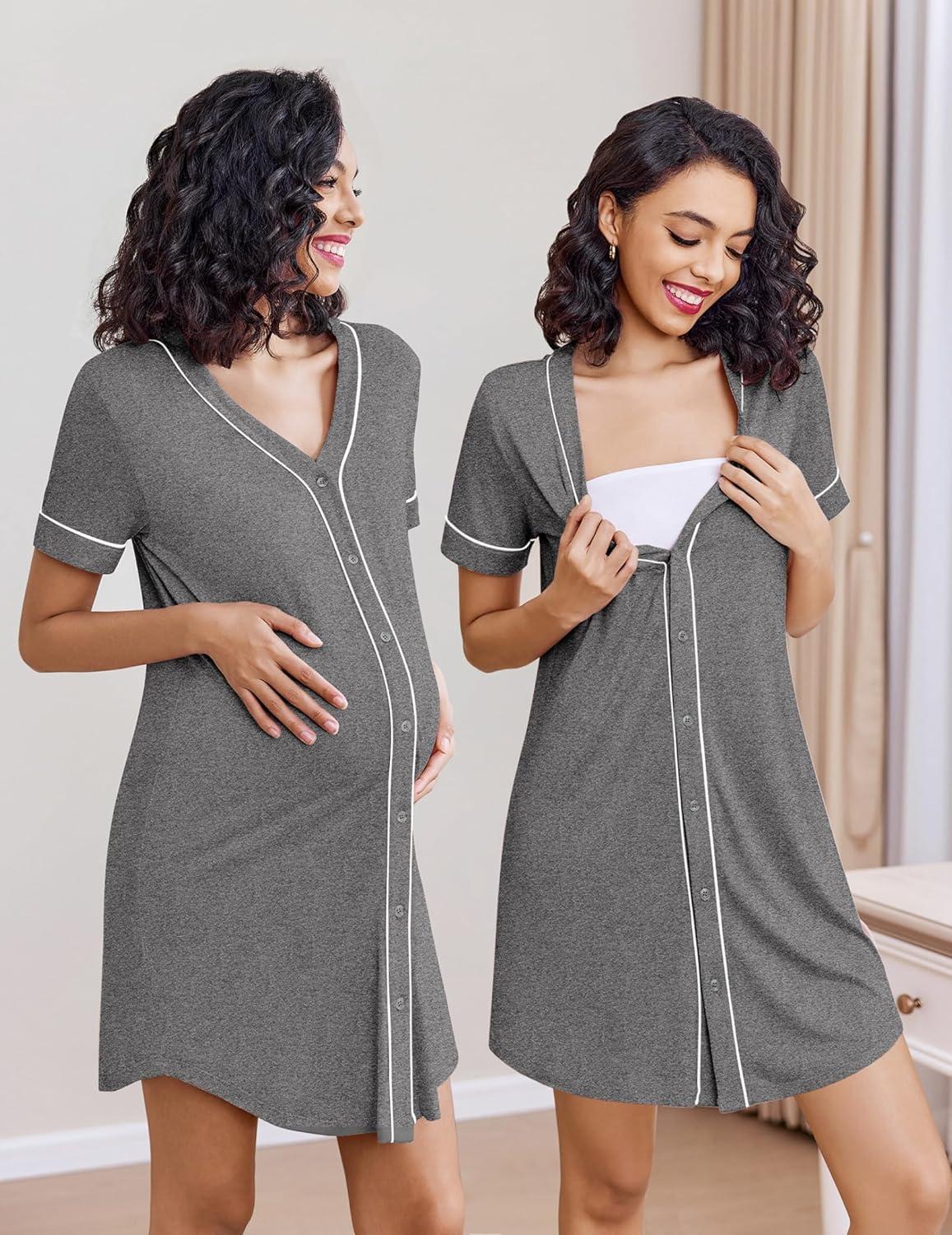 imageEkouaer Nightgowns for Women 2 Pack Button Down Sleep Shirts Short Sleeve Night Shirts V Neck Sleepwear Soft Pajama DressBlackGrey