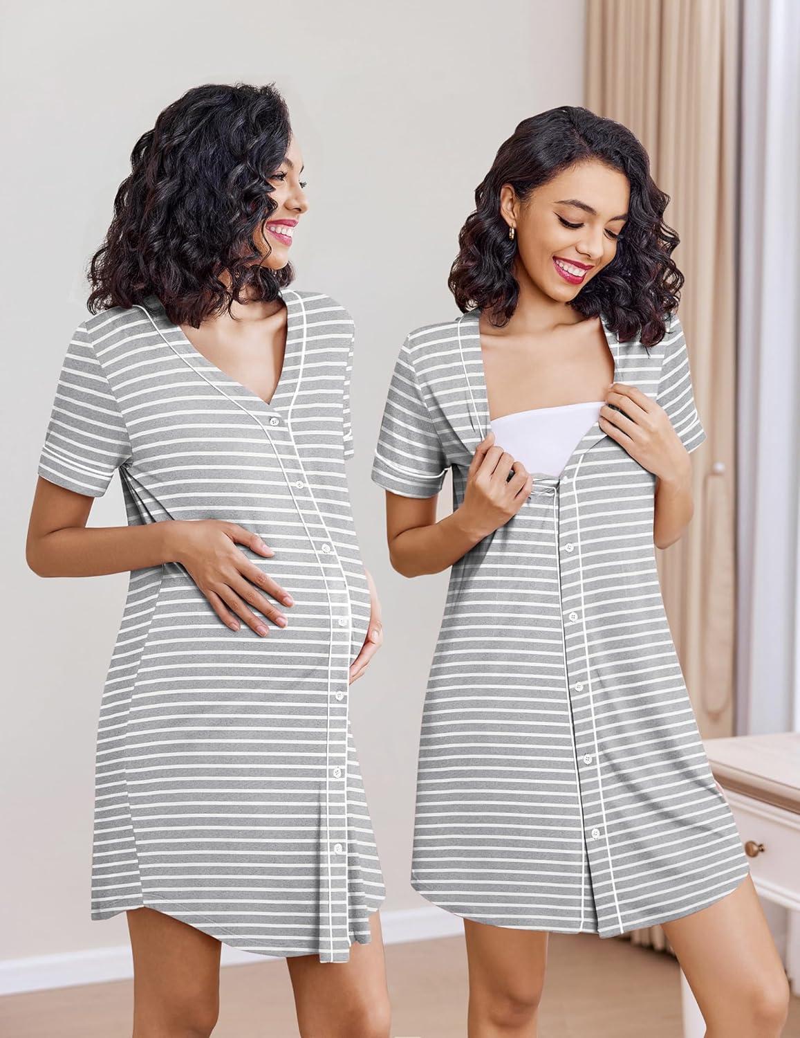 imageEkouaer Nightgowns for Women 2 Pack Button Down Sleep Shirts Short Sleeve Night Shirts V Neck Sleepwear Soft Pajama DressBlackGrey Stripe