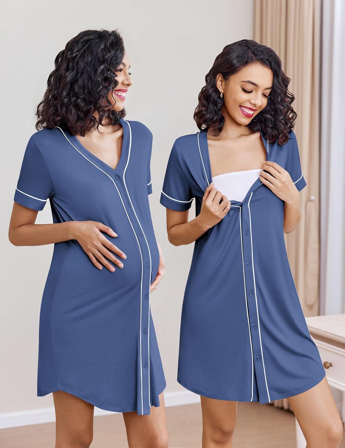 imageEkouaer Nightgowns for Women 2 Pack Button Down Sleep Shirts Short Sleeve Night Shirts V Neck Sleepwear Soft Pajama DressBlackNavy