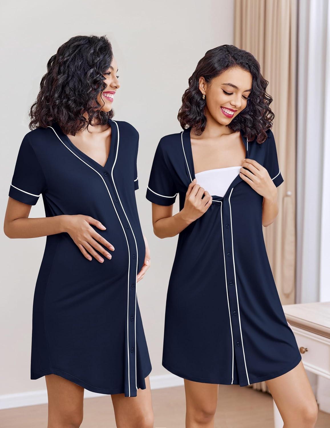 imageEkouaer Nightgowns for Women 2 Pack Button Down Sleep Shirts Short Sleeve Night Shirts V Neck Sleepwear Soft Pajama DressBlackNavy Blue