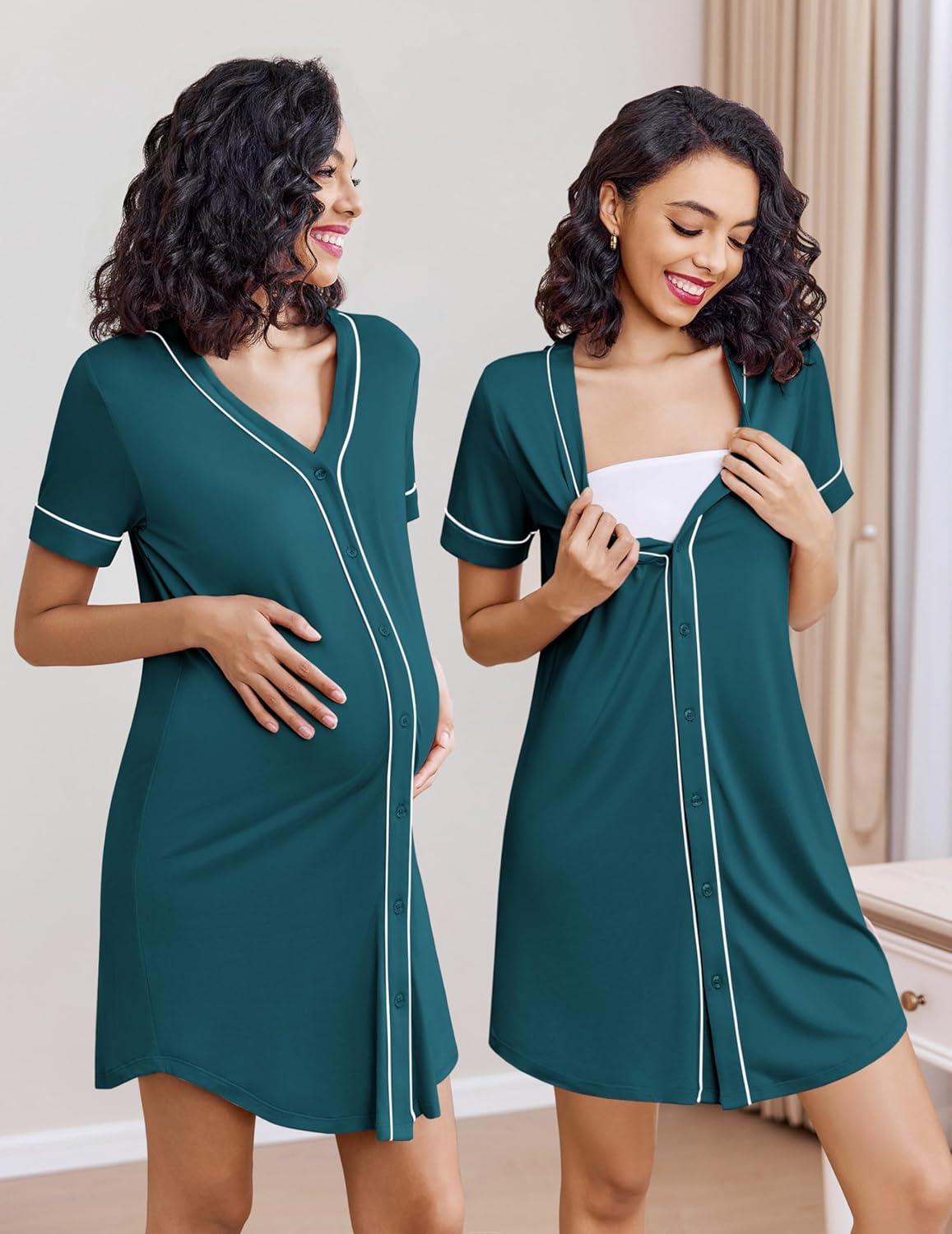 imageEkouaer Nightgowns for Women 2 Pack Button Down Sleep Shirts Short Sleeve Night Shirts V Neck Sleepwear Soft Pajama DressBlackPeacock Blue