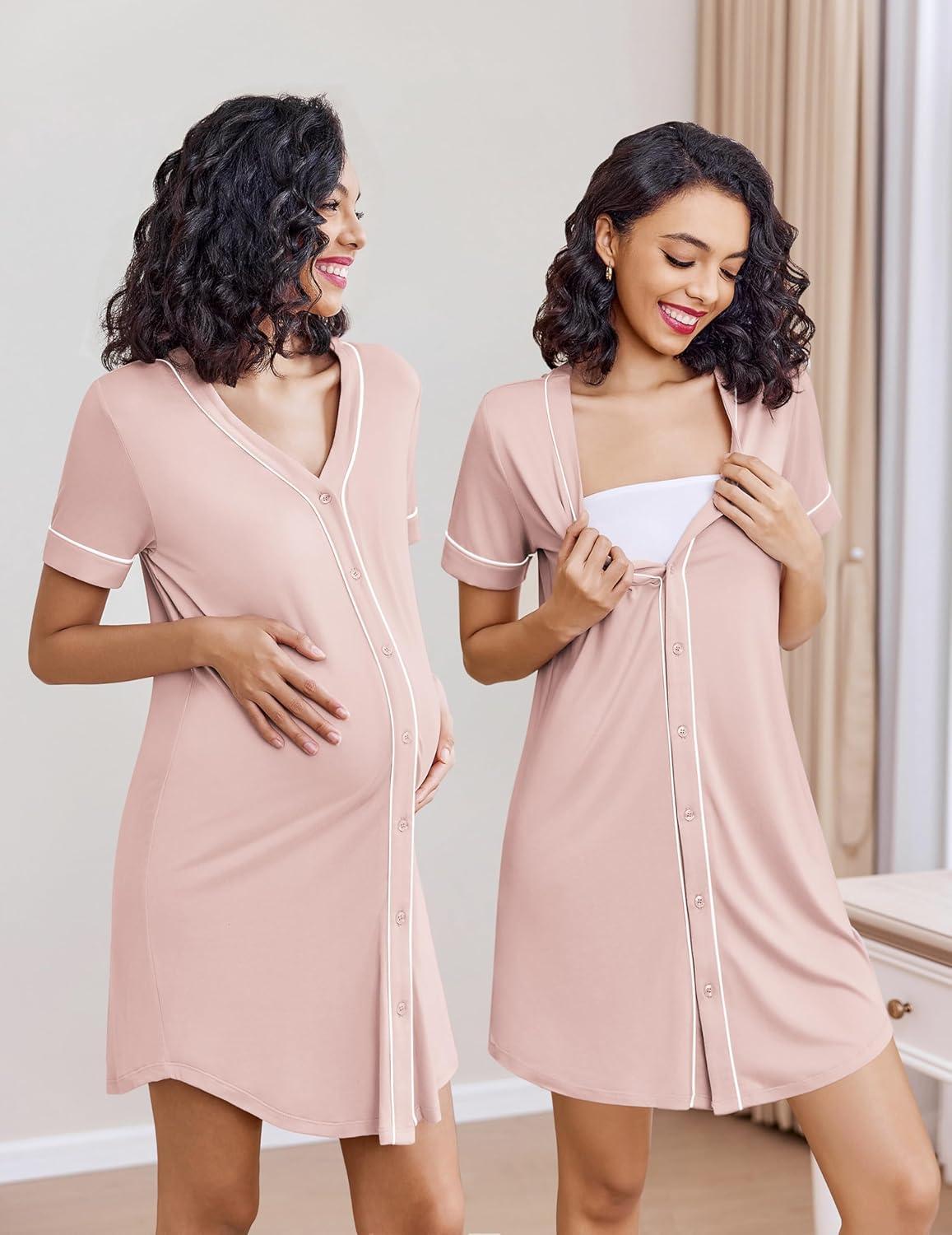 imageEkouaer Nightgowns for Women 2 Pack Button Down Sleep Shirts Short Sleeve Night Shirts V Neck Sleepwear Soft Pajama DressBlackPink