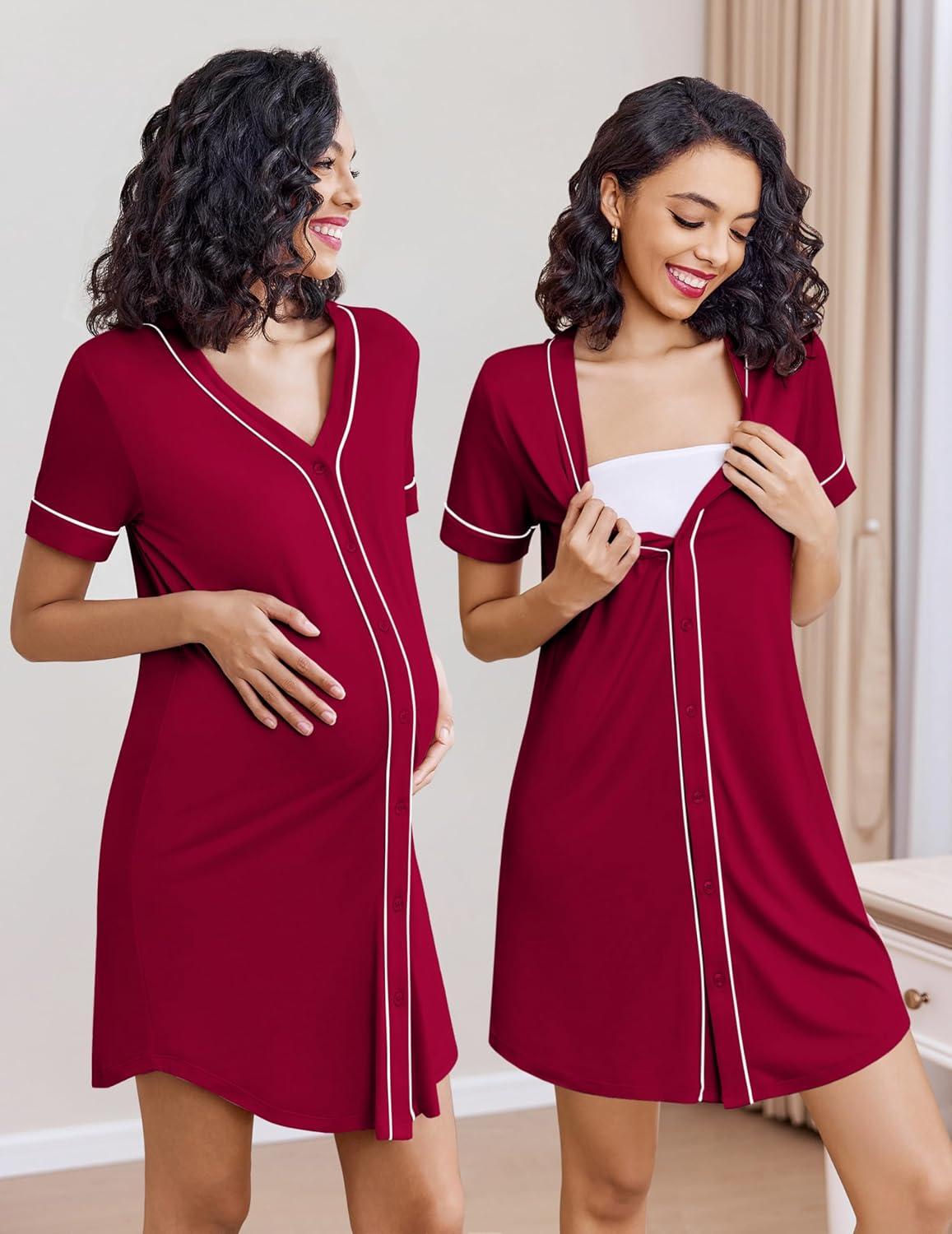 imageEkouaer Nightgowns for Women 2 Pack Button Down Sleep Shirts Short Sleeve Night Shirts V Neck Sleepwear Soft Pajama DressNavy BlueWine Red