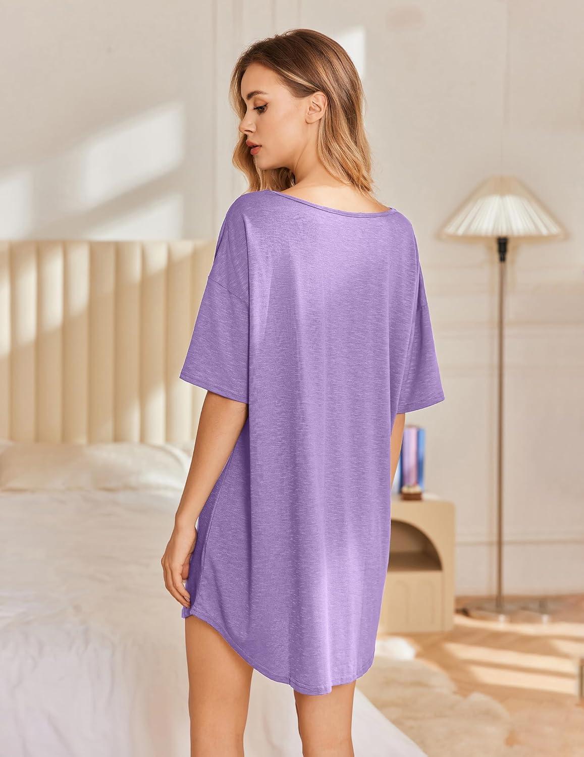 imageEkouaer Nightgowns for Women 3 Pack Sleepshirt Short Sleeve Nightshirt V Neck Sleepdress Oversized SleepwearBlackpeacock Bluepurple