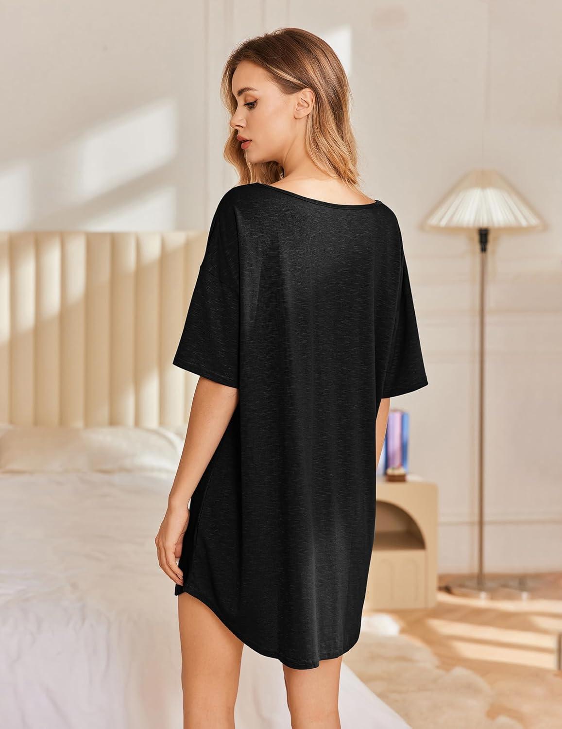 imageEkouaer Nightgowns for Women 3 Pack Sleepshirt Short Sleeve Nightshirt V Neck Sleepdress Oversized SleepwearBlackpeacock Bluepurple