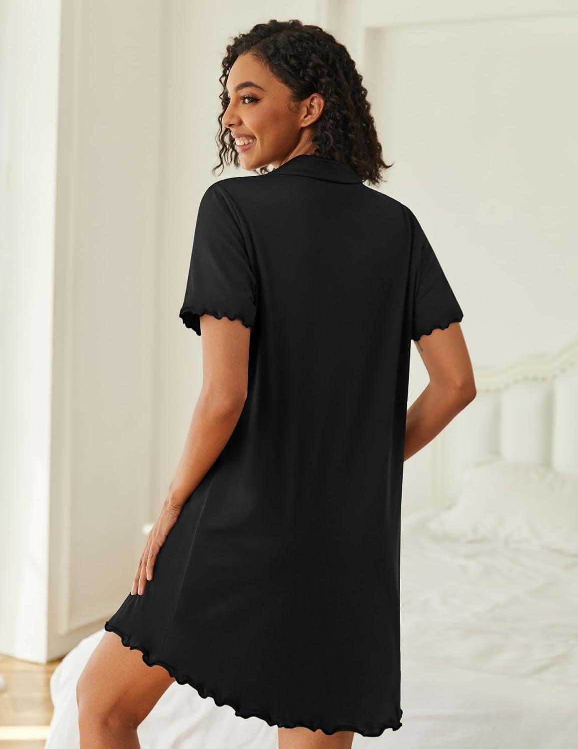 imageEkouaer Nightgowns for Women Button Down Night Gowns Short Sleeve Sleep Shirts V Neck Night Shirts Soft SleepwearBlack