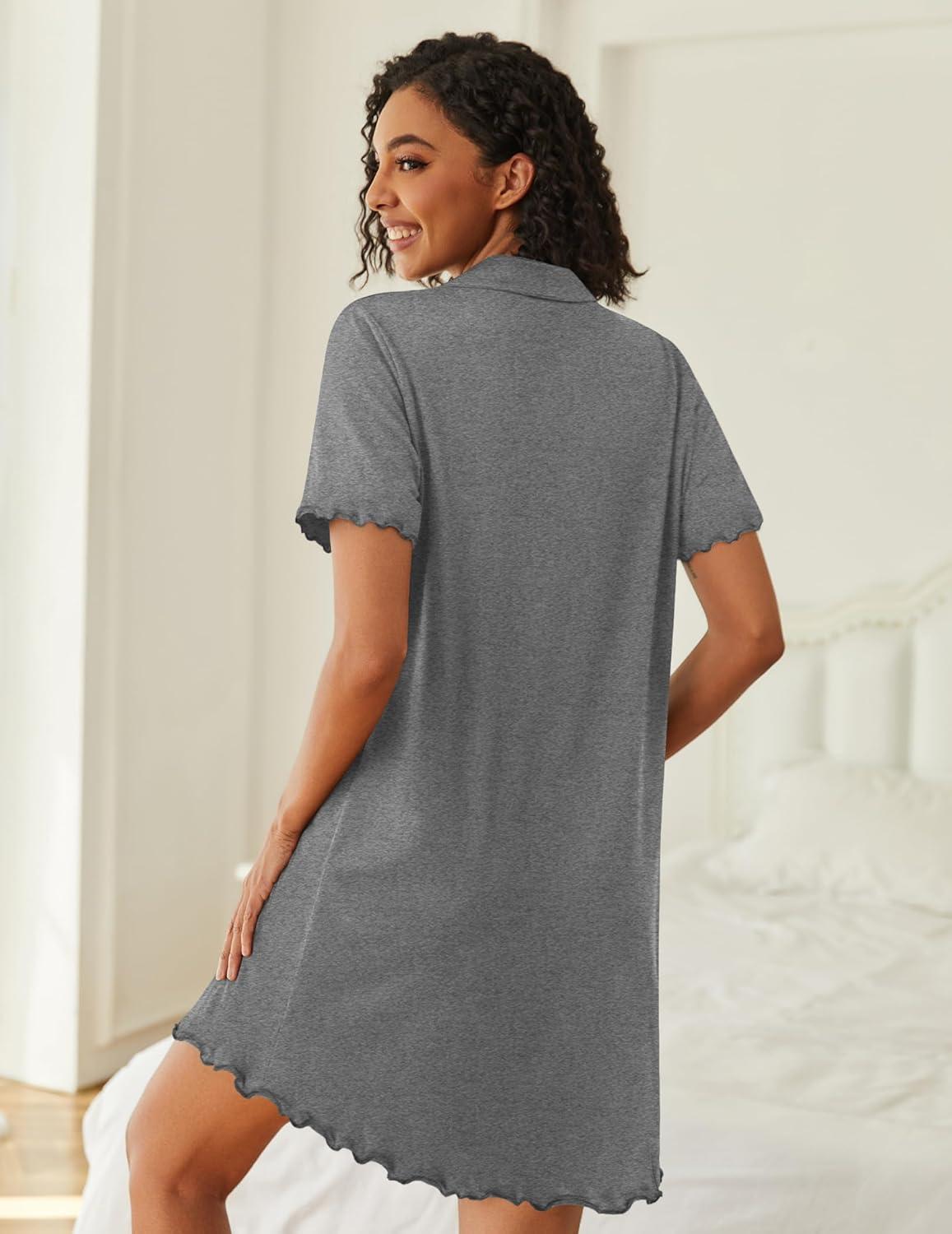imageEkouaer Nightgowns for Women Button Down Night Gowns Short Sleeve Sleep Shirts V Neck Night Shirts Soft SleepwearGrey