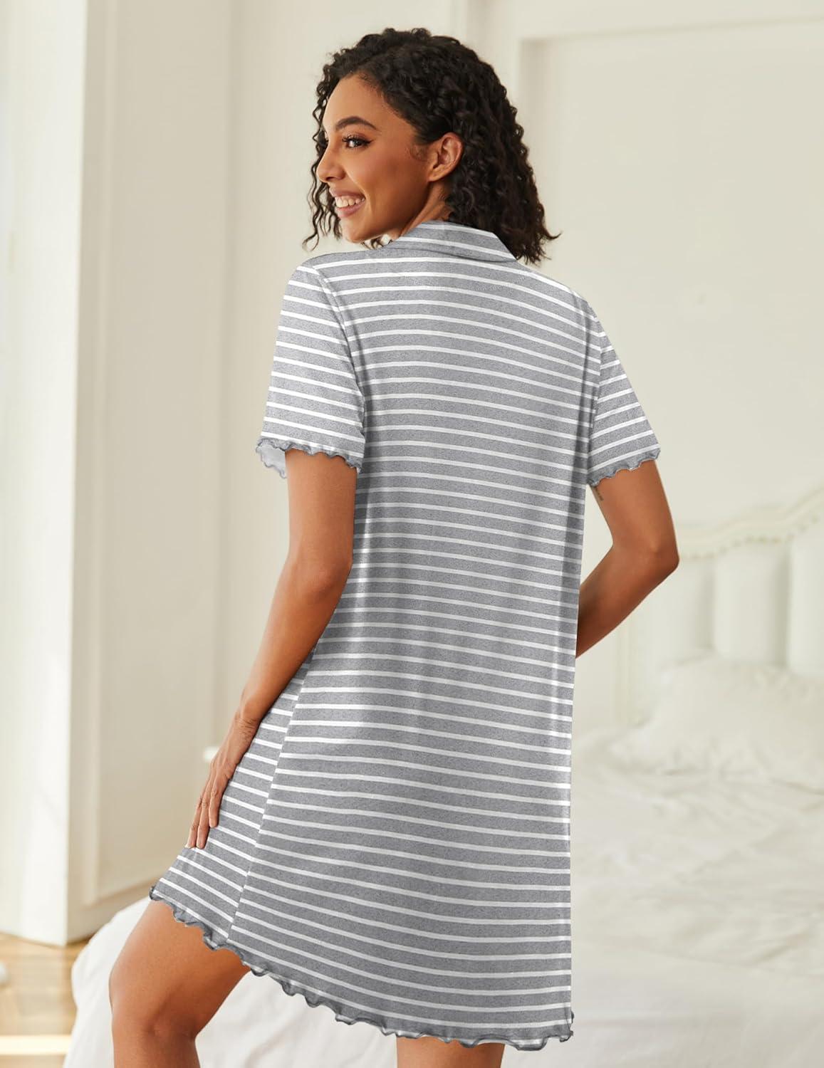 imageEkouaer Nightgowns for Women Button Down Night Gowns Short Sleeve Sleep Shirts V Neck Night Shirts Soft SleepwearGrey Stripe