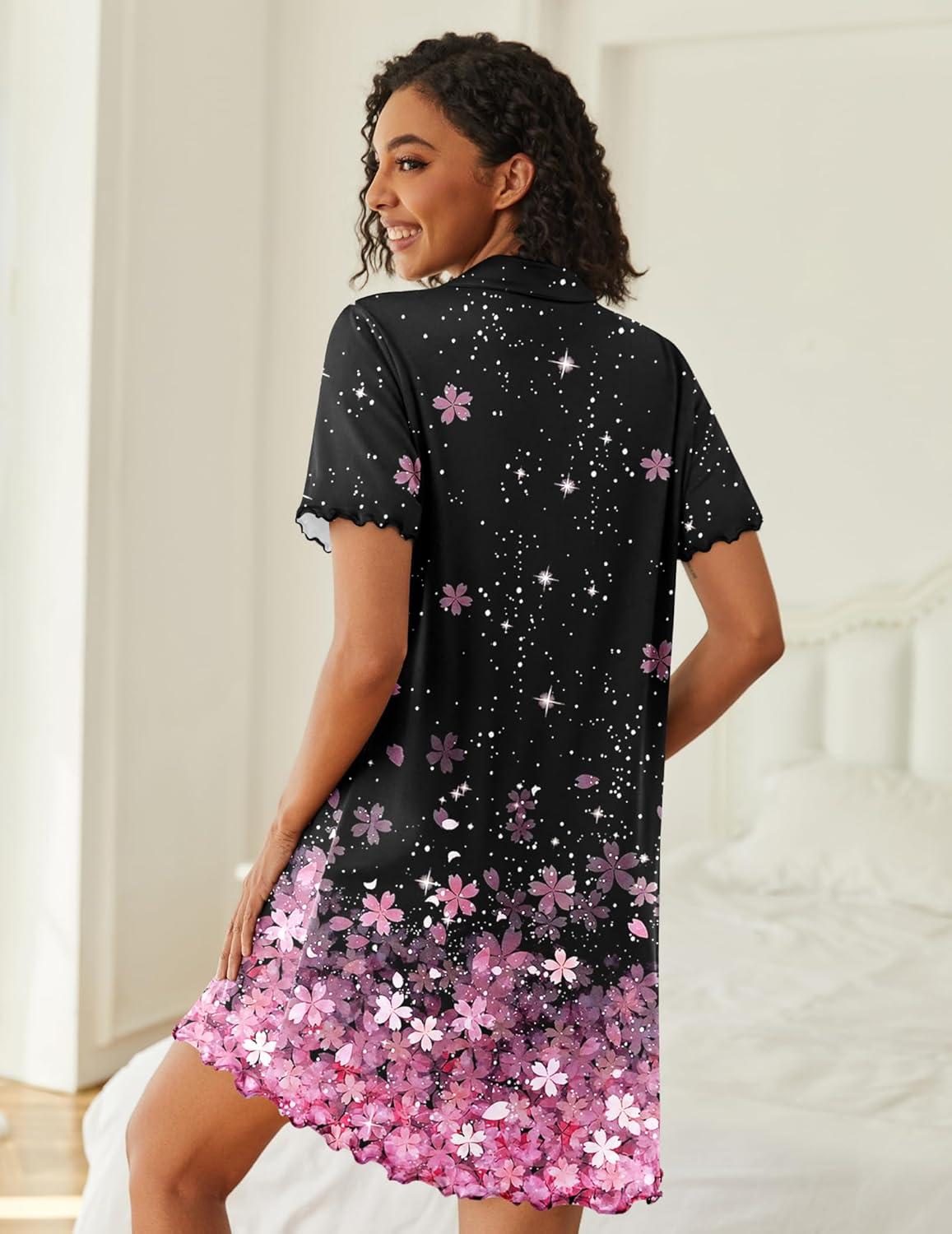 imageEkouaer Nightgowns for Women Button Down Night Gowns Short Sleeve Sleep Shirts V Neck Night Shirts Soft SleepwearPink Blossoms