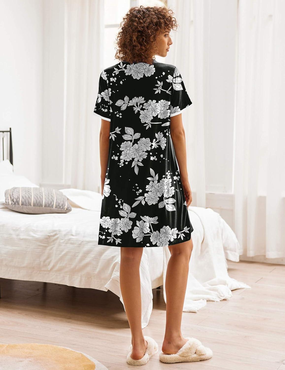 imageEkouaer Nightgowns for Women Button Down Pajamas Tops Short Sleeve Sleepwear VNeck Sleepwear S3XLBlack Flower
