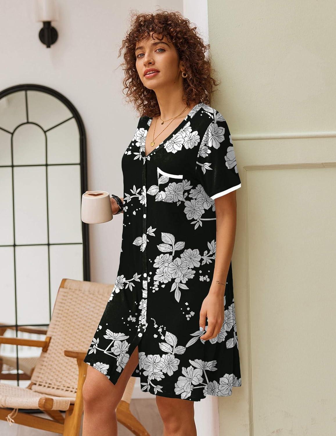 imageEkouaer Nightgowns for Women Button Down Pajamas Tops Short Sleeve Sleepwear VNeck Sleepwear S3XLBlack Flower
