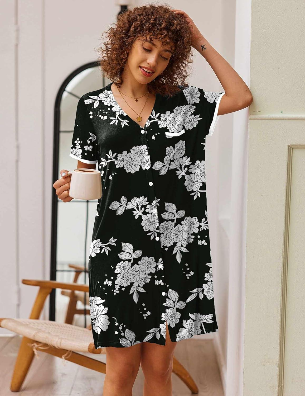 imageEkouaer Nightgowns for Women Button Down Pajamas Tops Short Sleeve Sleepwear VNeck Sleepwear S3XLBlack Flower