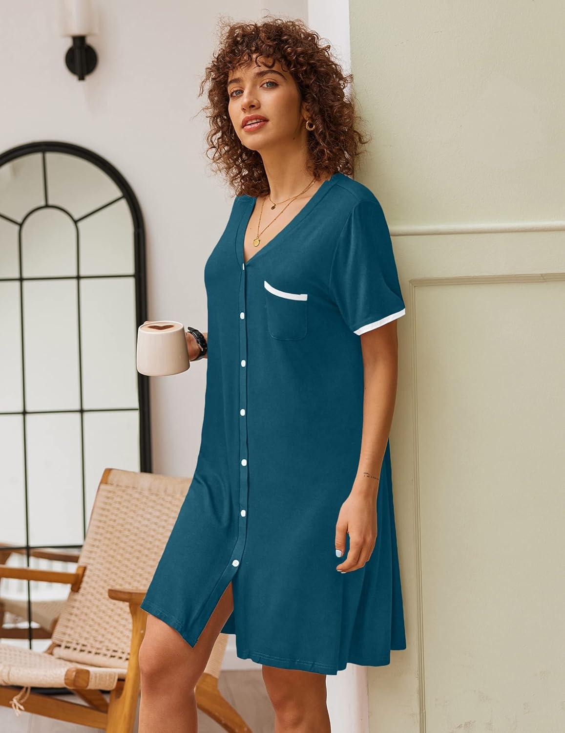 imageEkouaer Nightgowns for Women Button Down Pajamas Tops Short Sleeve Sleepwear VNeck Sleepwear S3XLBlue Green