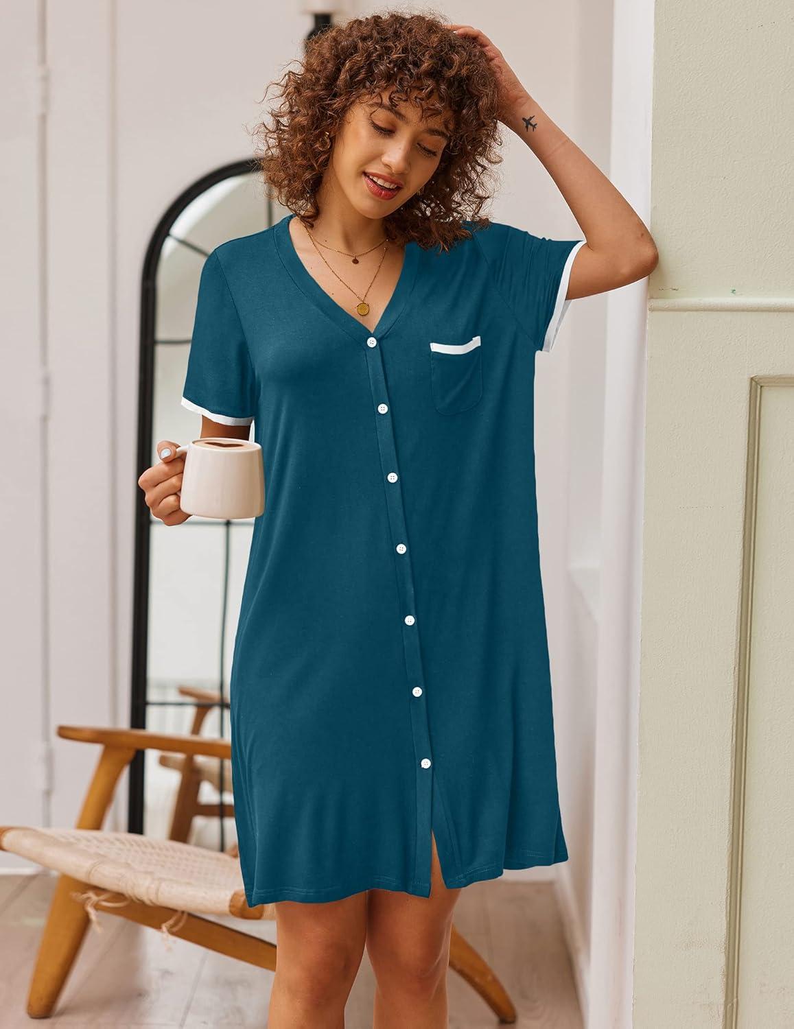 imageEkouaer Nightgowns for Women Button Down Pajamas Tops Short Sleeve Sleepwear VNeck Sleepwear S3XLBlue Green