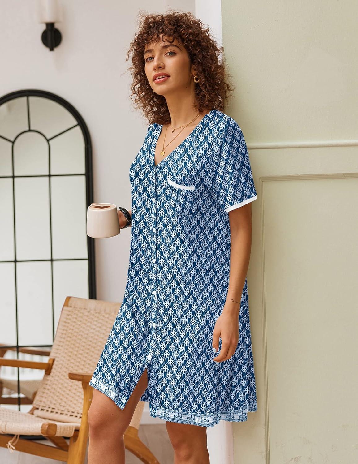 imageEkouaer Nightgowns for Women Button Down Pajamas Tops Short Sleeve Sleepwear VNeck Sleepwear S3XLEthnic Print