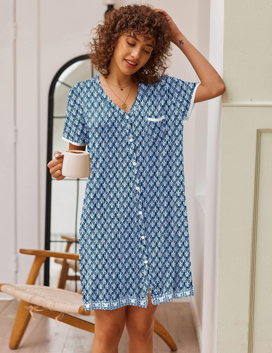 imageEkouaer Nightgowns for Women Button Down Pajamas Tops Short Sleeve Sleepwear VNeck Sleepwear S3XLEthnic Print