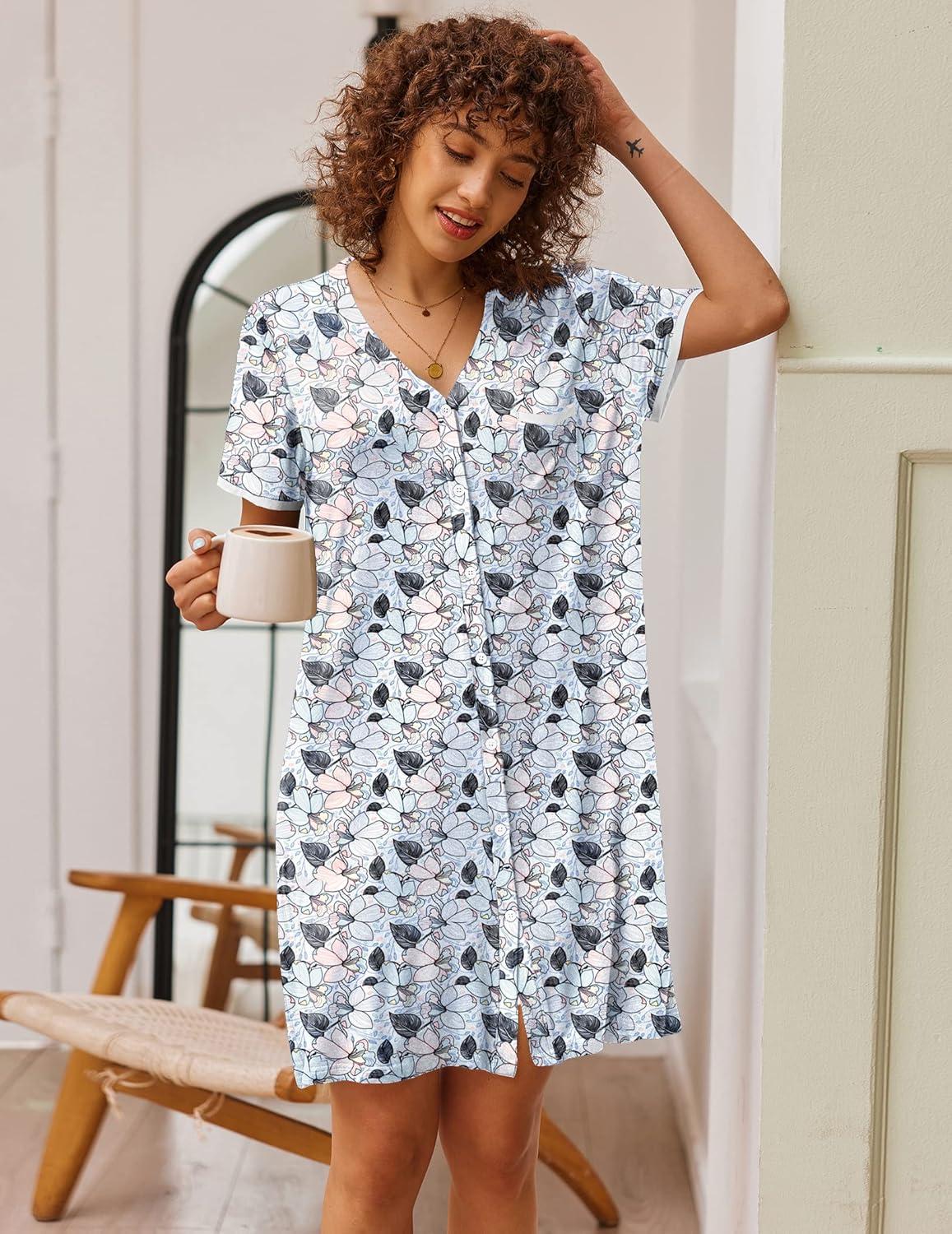 imageEkouaer Nightgowns for Women Button Down Pajamas Tops Short Sleeve Sleepwear VNeck Sleepwear S3XLFlower