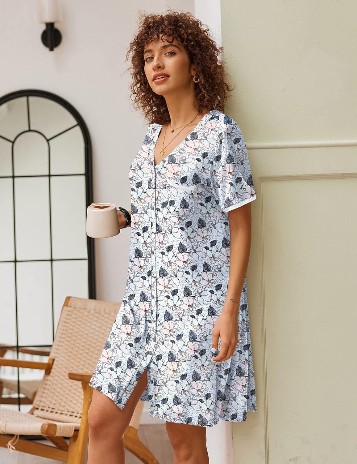 imageEkouaer Nightgowns for Women Button Down Pajamas Tops Short Sleeve Sleepwear VNeck Sleepwear S3XLFlower