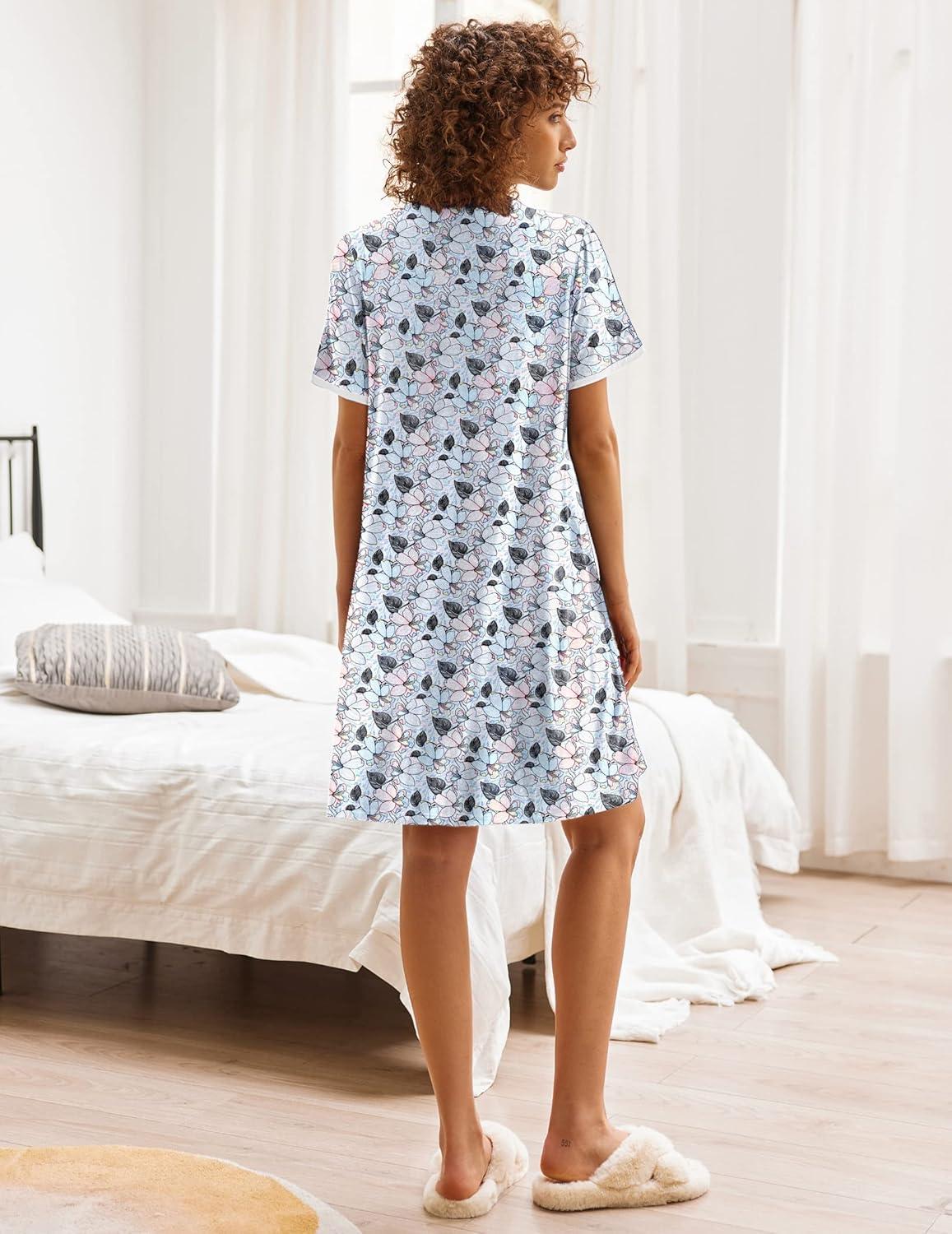 imageEkouaer Nightgowns for Women Button Down Pajamas Tops Short Sleeve Sleepwear VNeck Sleepwear S3XLFlower