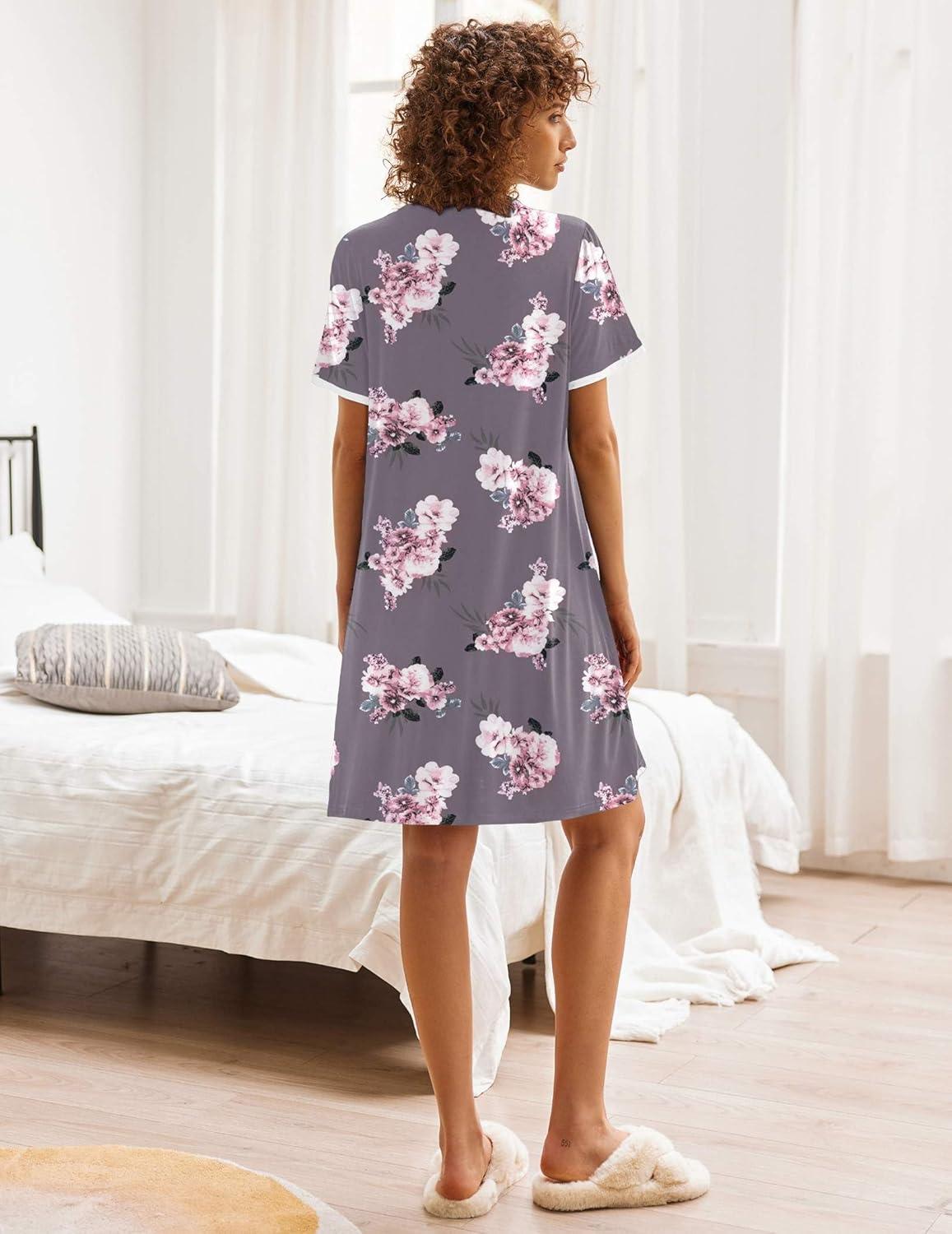 imageEkouaer Nightgowns for Women Button Down Pajamas Tops Short Sleeve Sleepwear VNeck Sleepwear S3XLGrey Flower