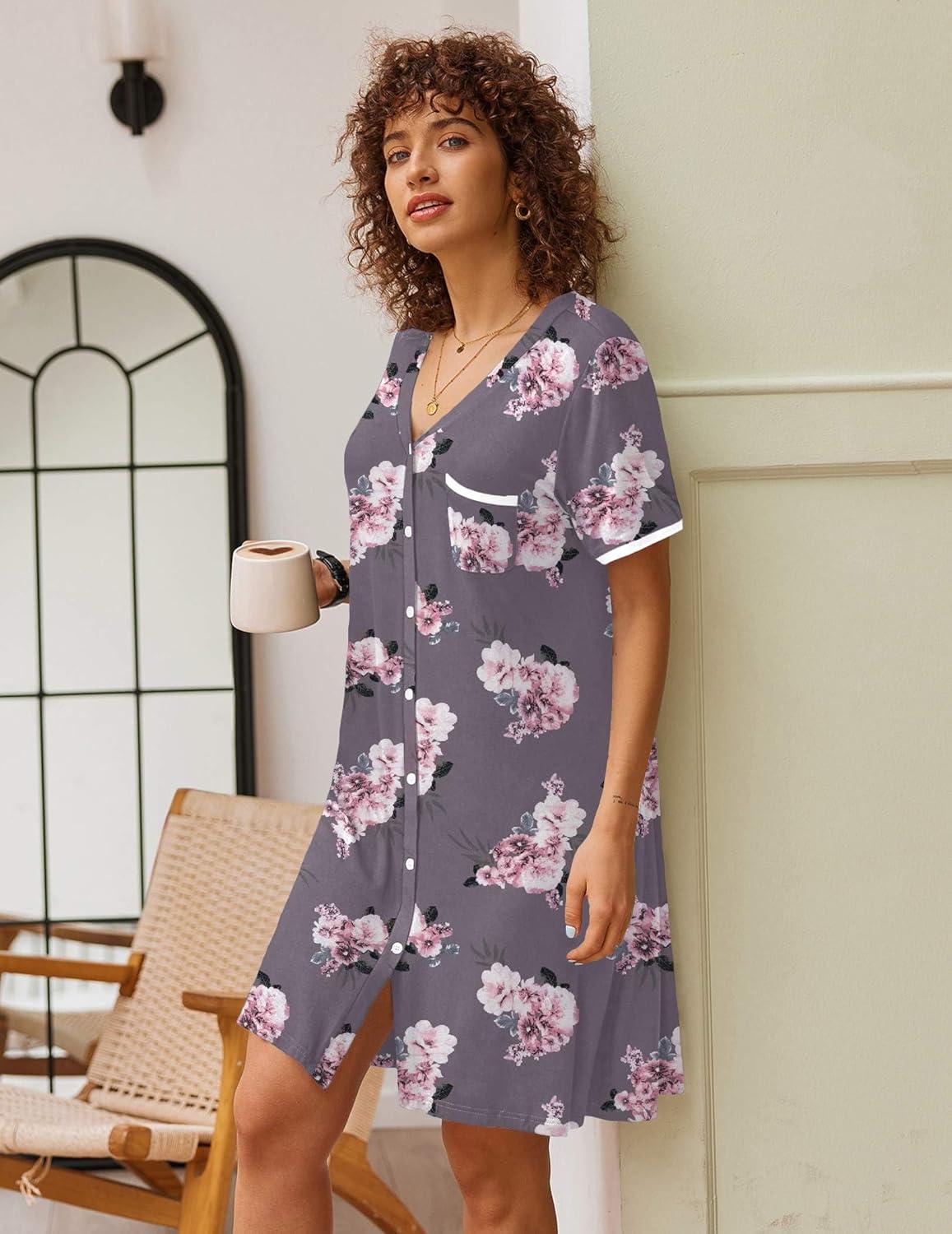 imageEkouaer Nightgowns for Women Button Down Pajamas Tops Short Sleeve Sleepwear VNeck Sleepwear S3XLGrey Flower