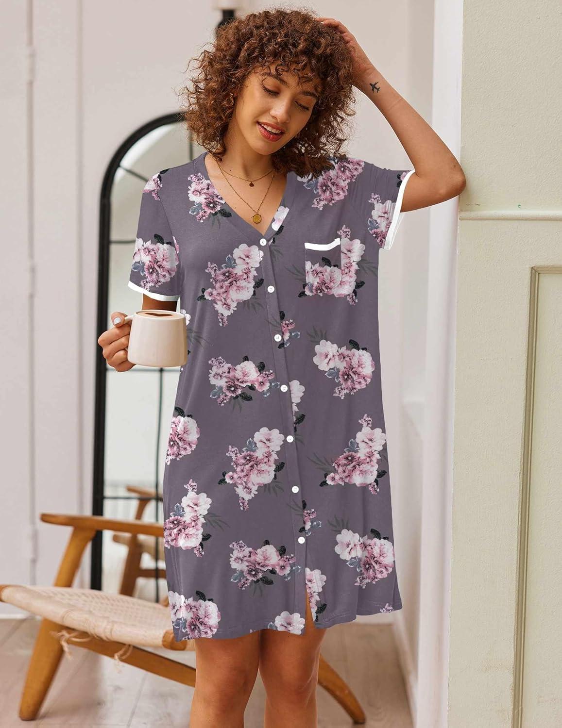 imageEkouaer Nightgowns for Women Button Down Pajamas Tops Short Sleeve Sleepwear VNeck Sleepwear S3XLGrey Flower
