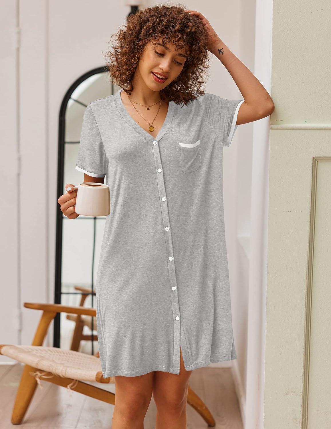 imageEkouaer Nightgowns for Women Button Down Pajamas Tops Short Sleeve Sleepwear VNeck Sleepwear S3XLLight Grey