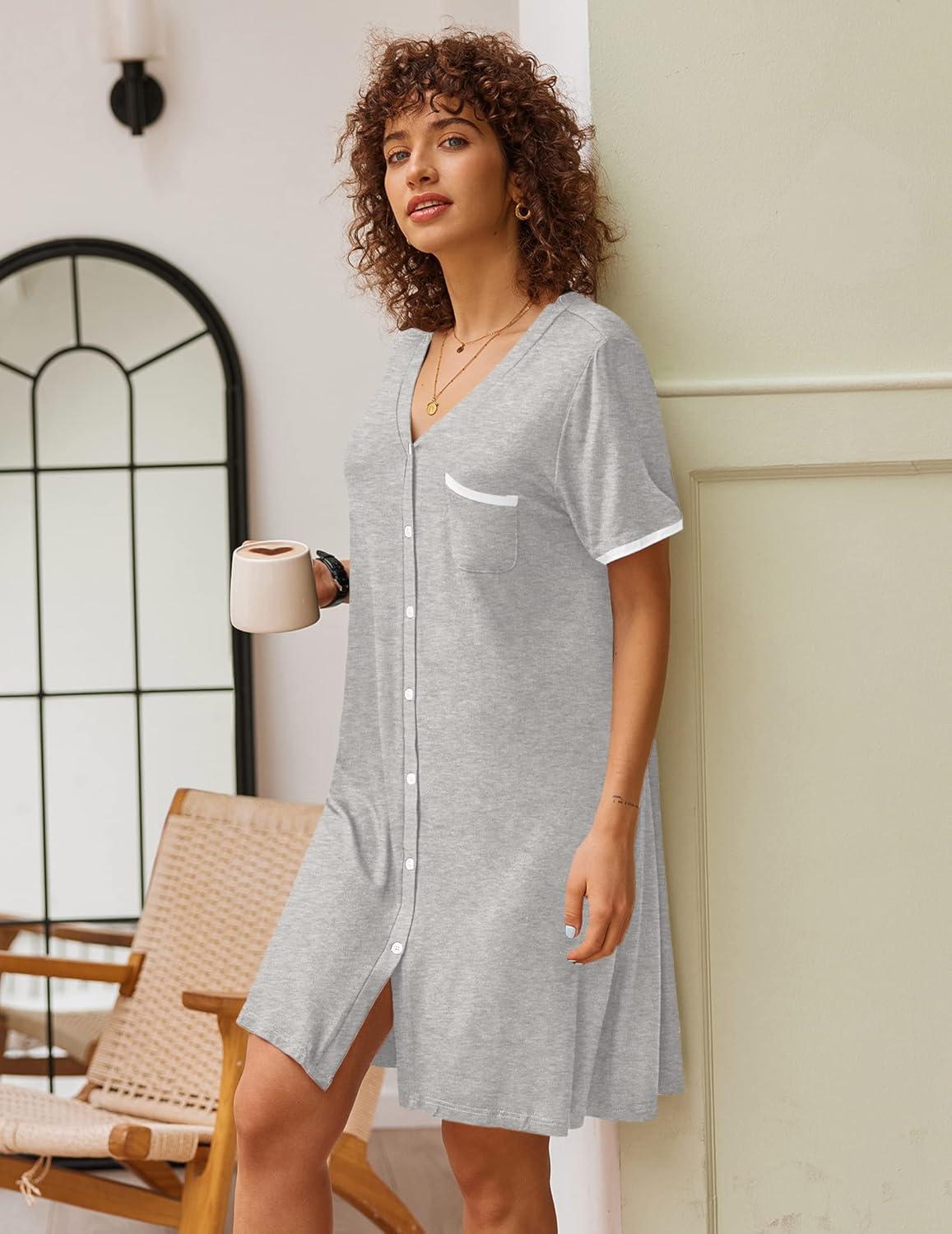 imageEkouaer Nightgowns for Women Button Down Pajamas Tops Short Sleeve Sleepwear VNeck Sleepwear S3XLLight Grey