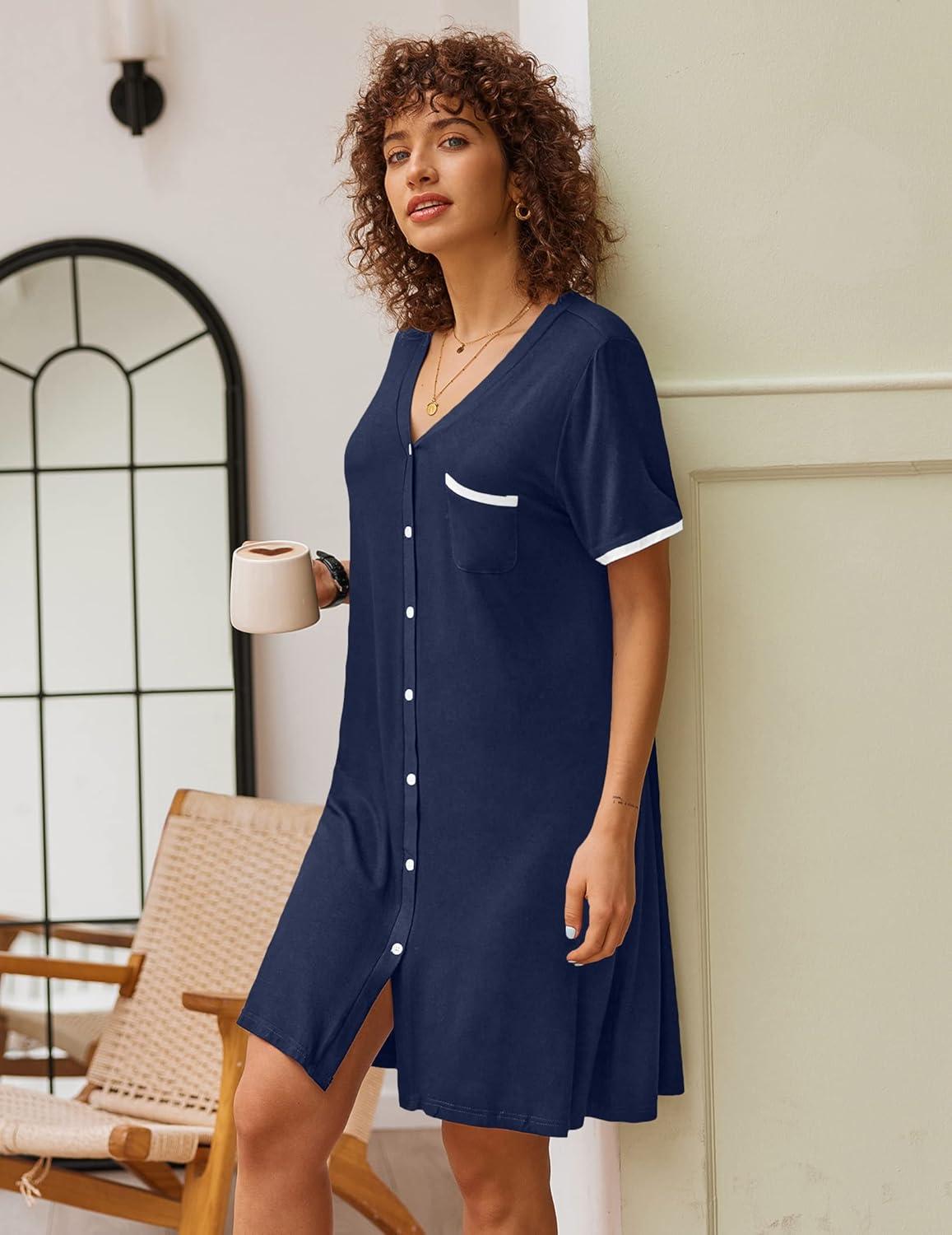 imageEkouaer Nightgowns for Women Button Down Pajamas Tops Short Sleeve Sleepwear VNeck Sleepwear S3XLNavy Blue