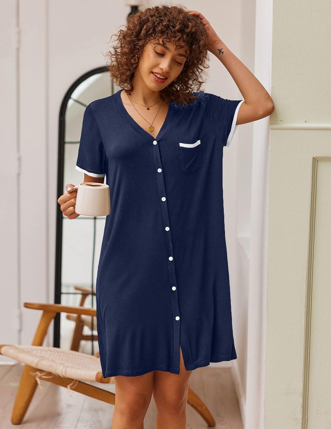 imageEkouaer Nightgowns for Women Button Down Pajamas Tops Short Sleeve Sleepwear VNeck Sleepwear S3XLNavy Blue