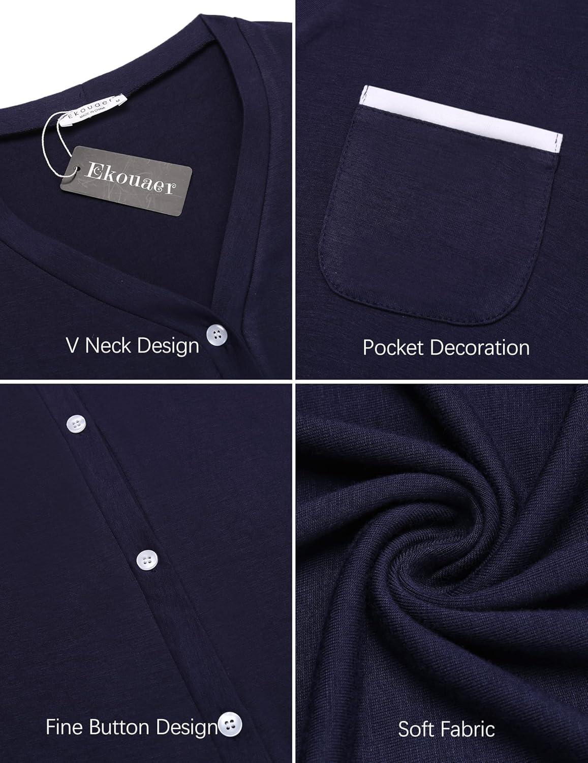 imageEkouaer Nightgowns for Women Button Down Pajamas Tops Short Sleeve Sleepwear VNeck Sleepwear S3XLNavy Blue