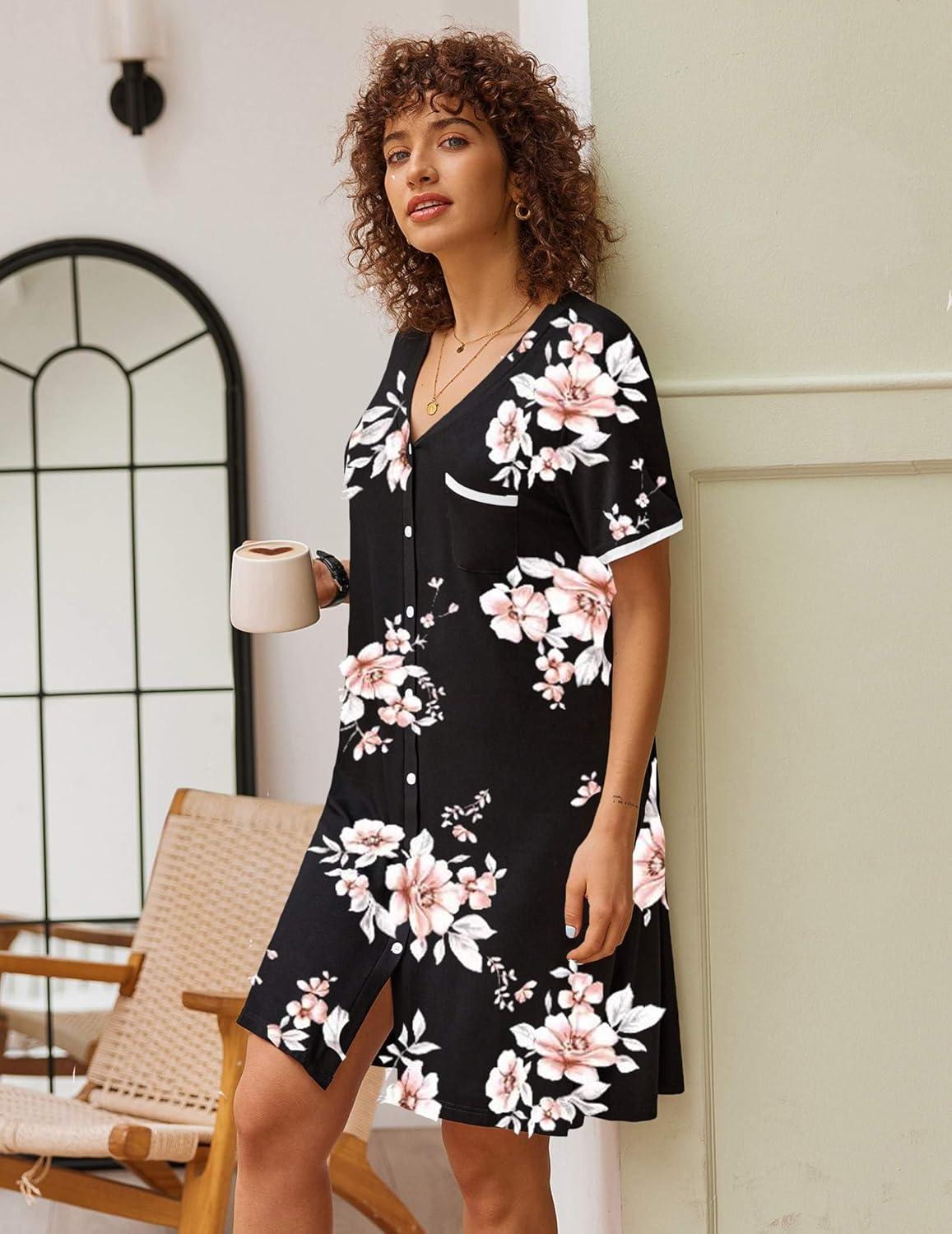 imageEkouaer Nightgowns for Women Button Down Pajamas Tops Short Sleeve Sleepwear VNeck Sleepwear S3XLPink Flower