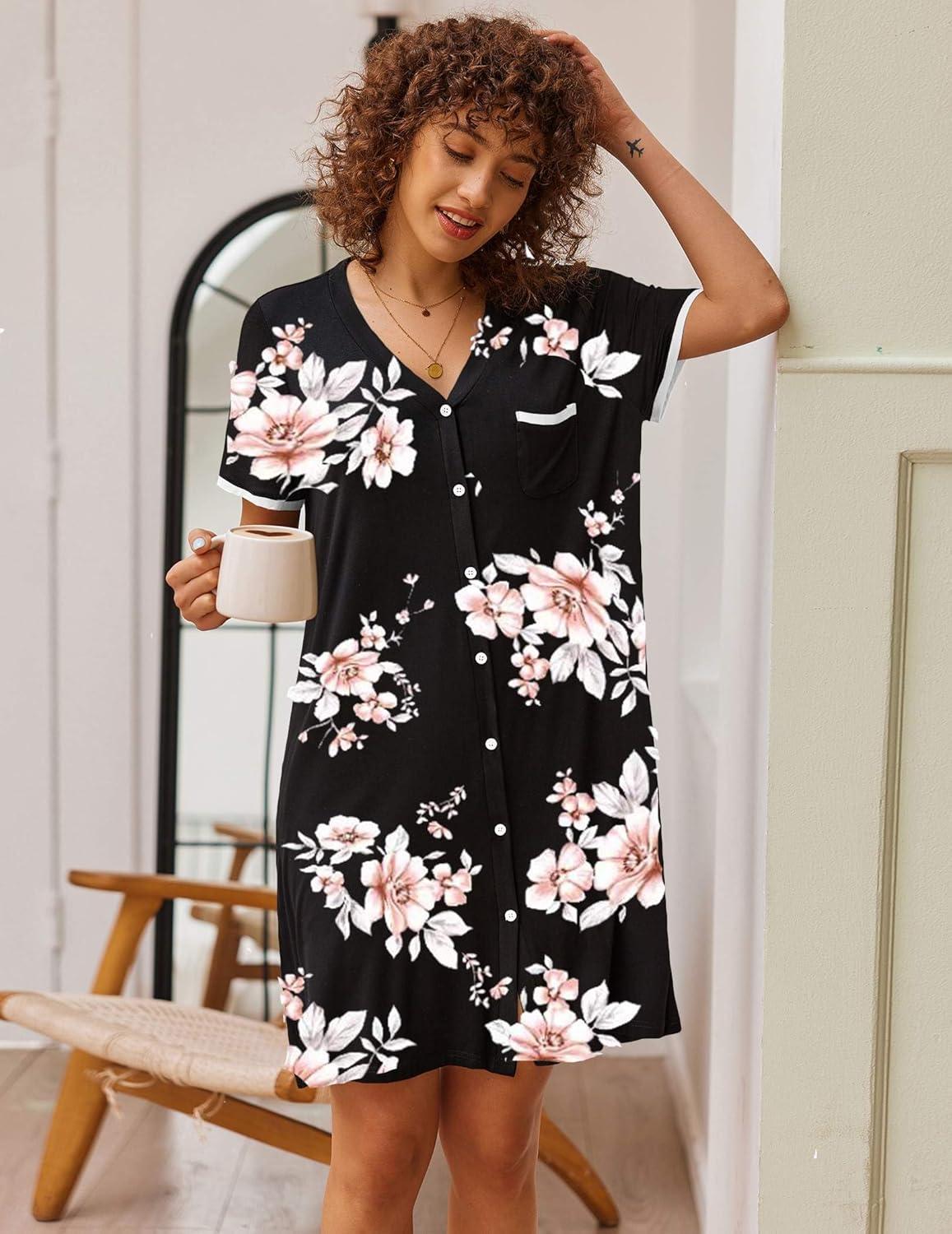 imageEkouaer Nightgowns for Women Button Down Pajamas Tops Short Sleeve Sleepwear VNeck Sleepwear S3XLPink Flower