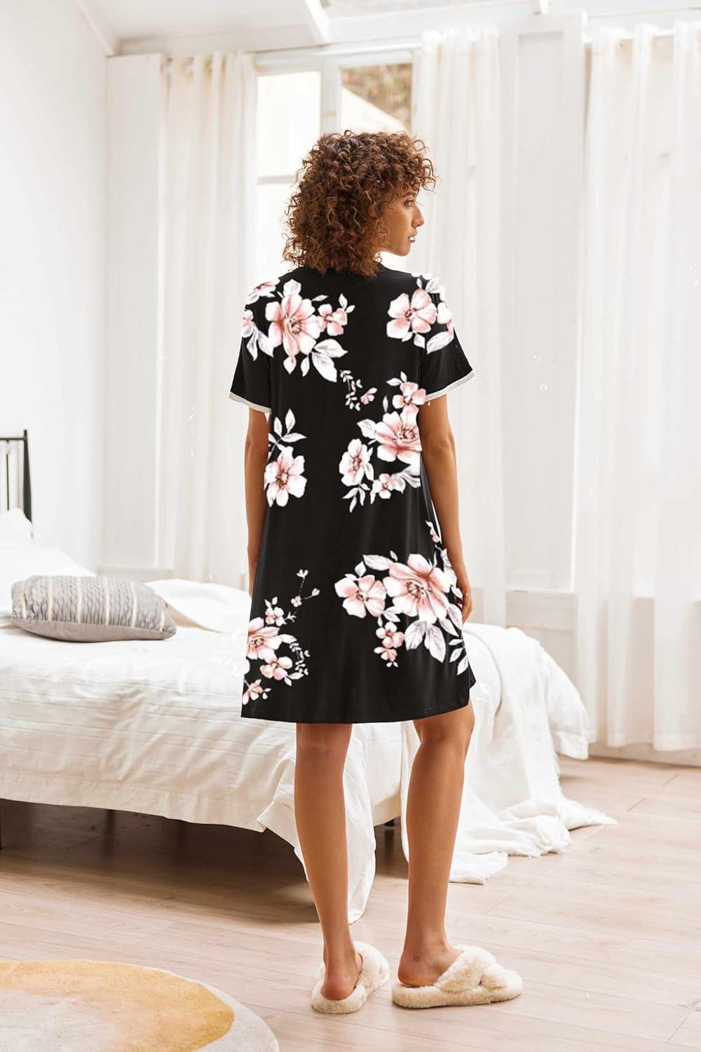 imageEkouaer Nightgowns for Women Button Down Pajamas Tops Short Sleeve Sleepwear VNeck Sleepwear S3XLPink Flower