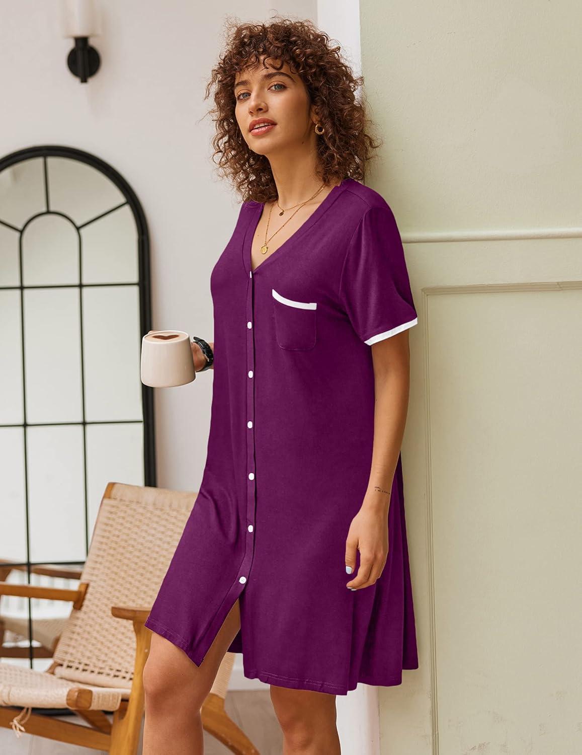 imageEkouaer Nightgowns for Women Button Down Pajamas Tops Short Sleeve Sleepwear VNeck Sleepwear S3XLPurple