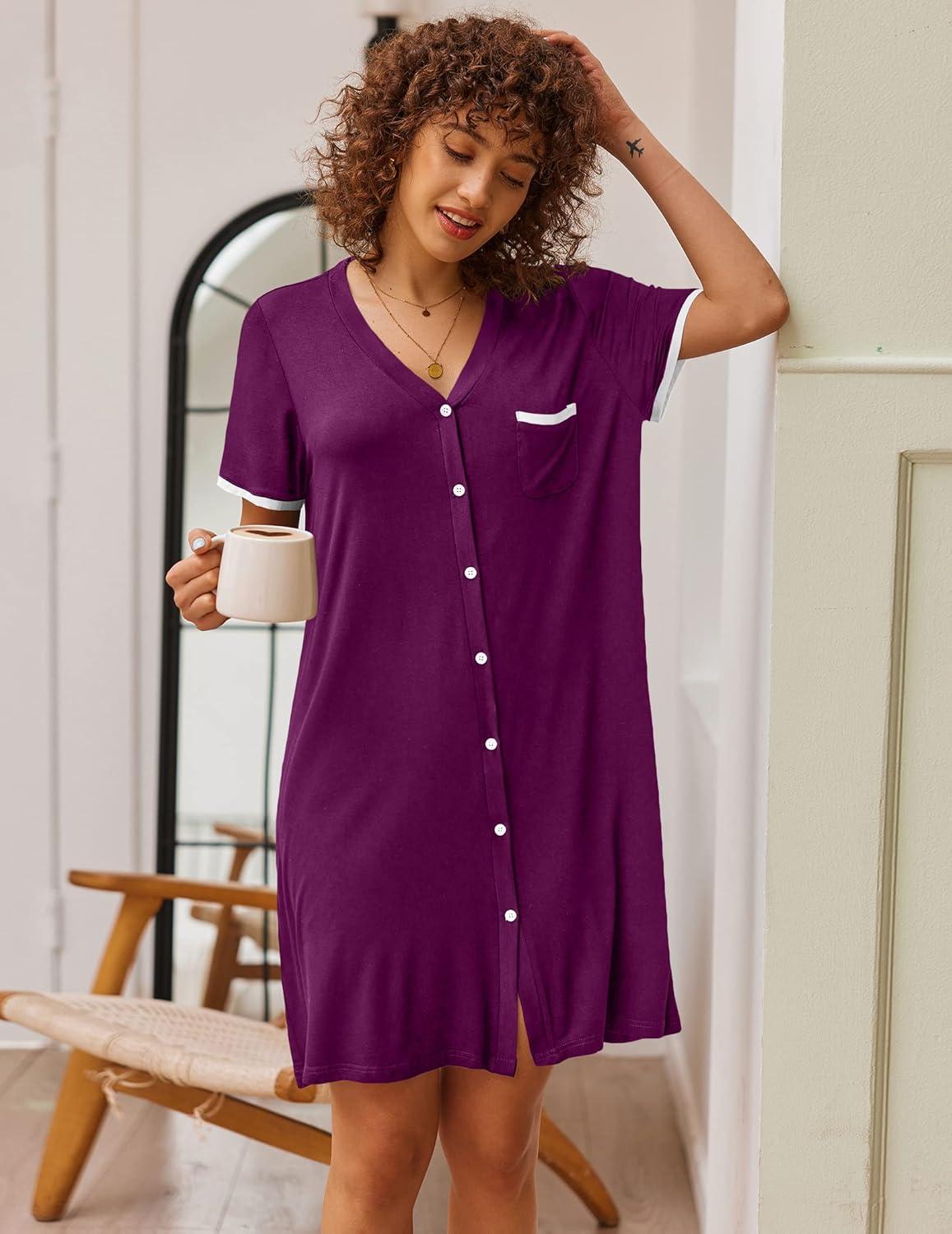 imageEkouaer Nightgowns for Women Button Down Pajamas Tops Short Sleeve Sleepwear VNeck Sleepwear S3XLPurple