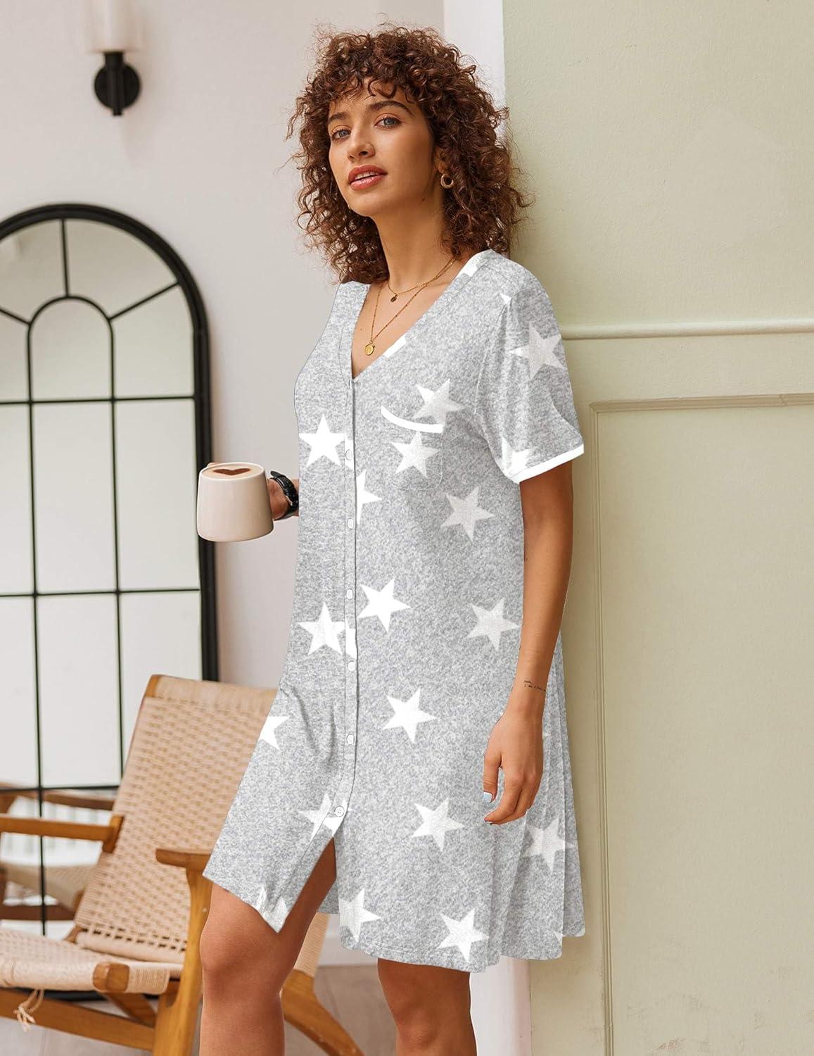 imageEkouaer Nightgowns for Women Button Down Pajamas Tops Short Sleeve Sleepwear VNeck Sleepwear S3XLStars
