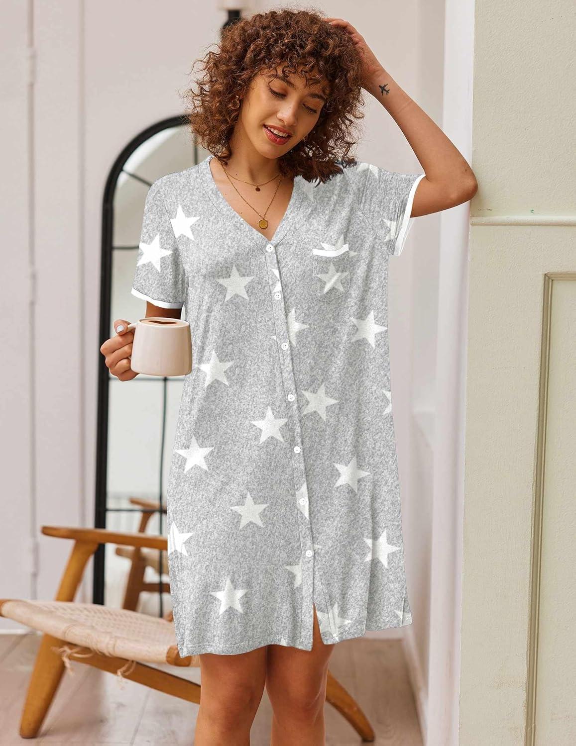imageEkouaer Nightgowns for Women Button Down Pajamas Tops Short Sleeve Sleepwear VNeck Sleepwear S3XLStars