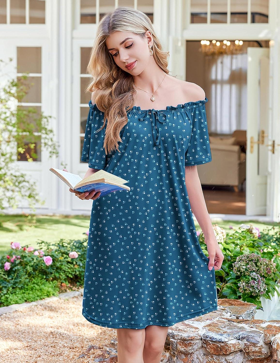imageEkouaer Nightgowns for Women Pleated Sleep Shirts Short Sleeve Night Shirts Comfy Ladies SleepdressDog Footprints