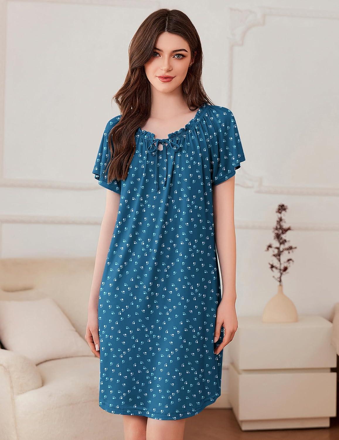 imageEkouaer Nightgowns for Women Pleated Sleep Shirts Short Sleeve Night Shirts Comfy Ladies SleepdressDog Footprints