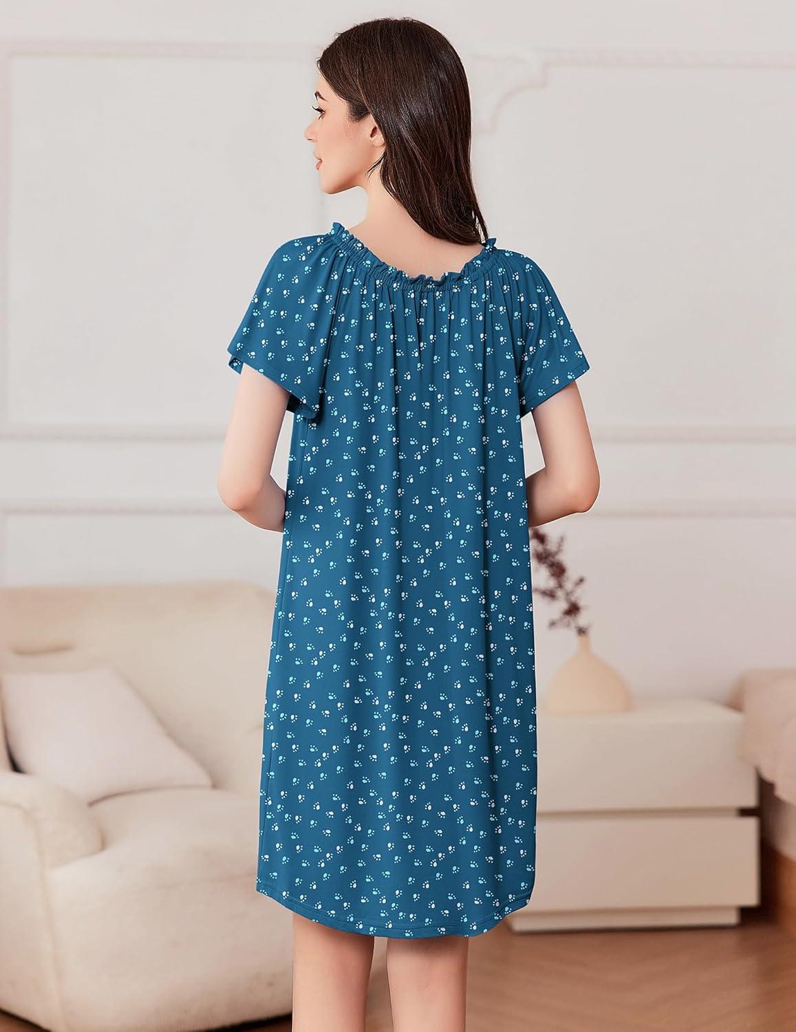 imageEkouaer Nightgowns for Women Pleated Sleep Shirts Short Sleeve Night Shirts Comfy Ladies SleepdressDog Footprints