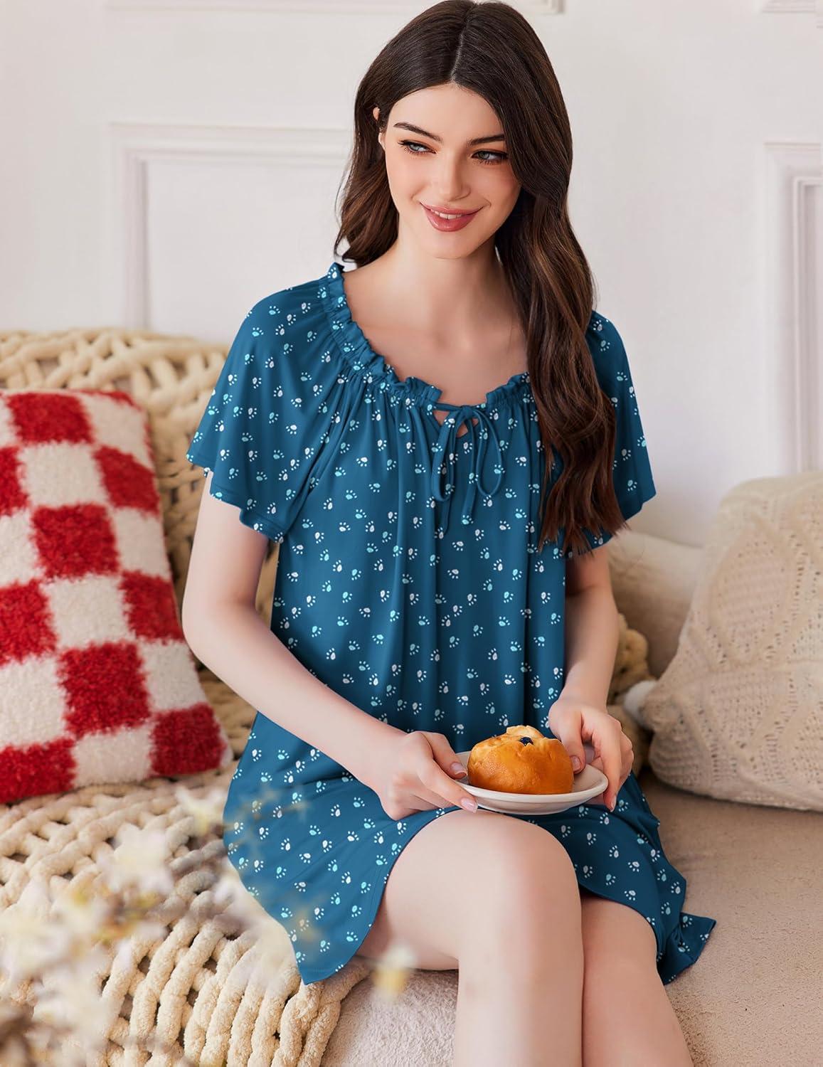 imageEkouaer Nightgowns for Women Pleated Sleep Shirts Short Sleeve Night Shirts Comfy Ladies SleepdressDog Footprints