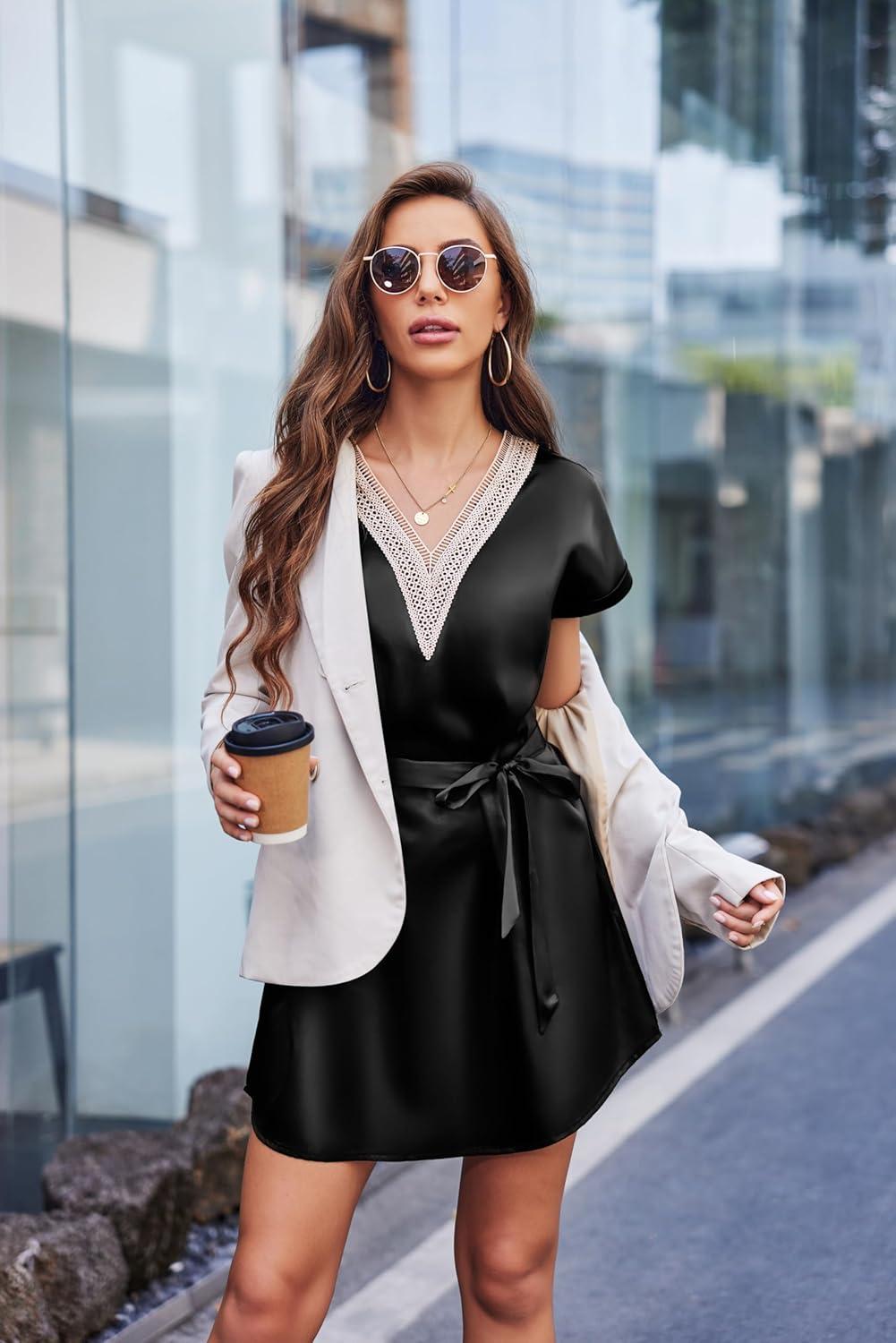 imageEkouaer Satin Nightgowns for Women Short Sleeve Nightshirt Silk Sleepwear Lace V Neck Pajama Dress SXXLBlack