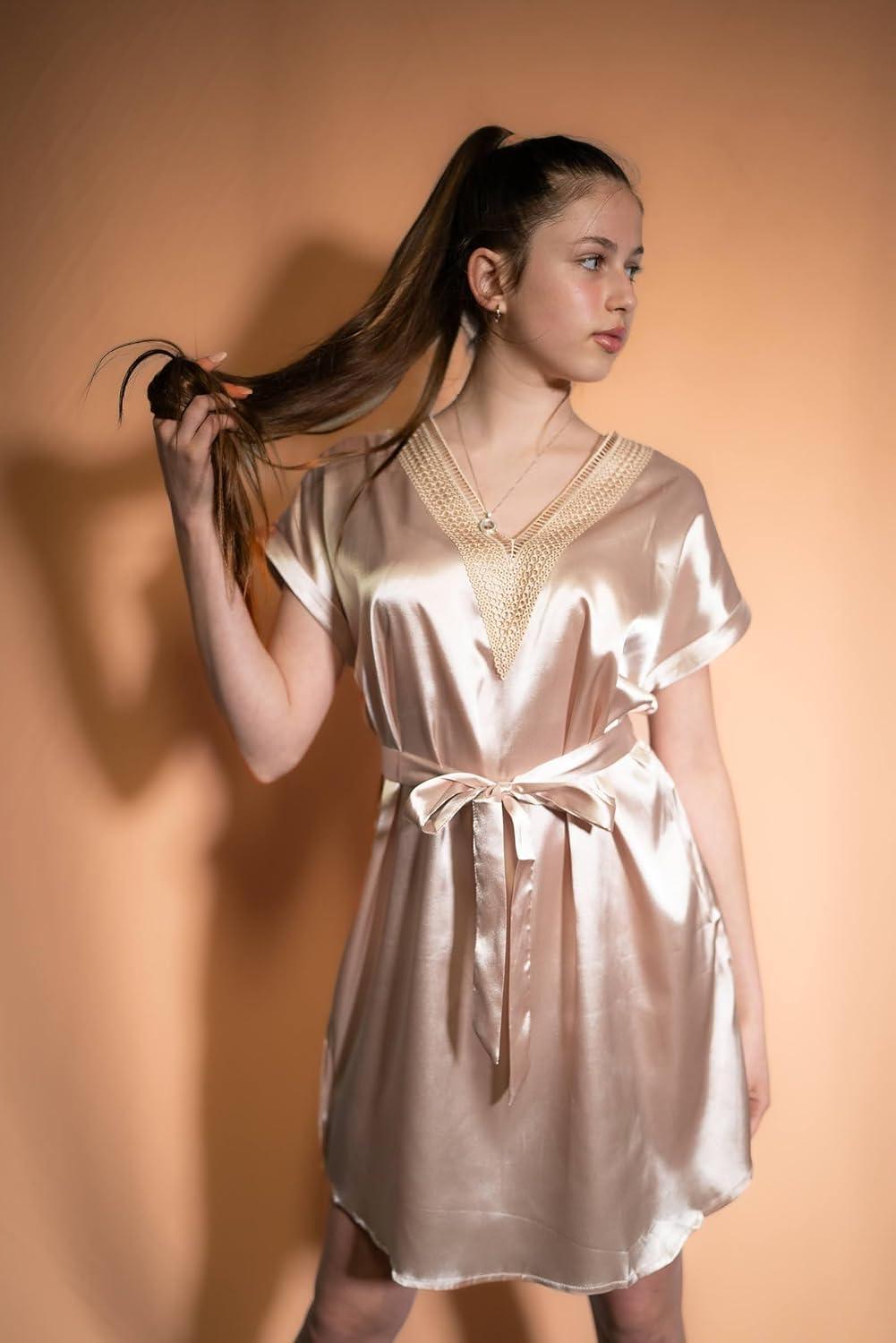 imageEkouaer Satin Nightgowns for Women Short Sleeve Nightshirt Silk Sleepwear Lace V Neck Pajama Dress SXXLChampagne
