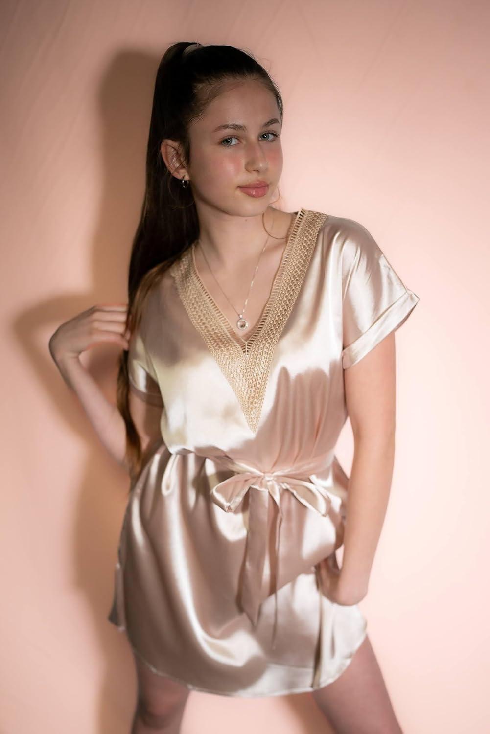 imageEkouaer Satin Nightgowns for Women Short Sleeve Nightshirt Silk Sleepwear Lace V Neck Pajama Dress SXXLChampagne